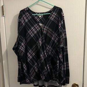 Stylish Black and Pink Plaid V-Neck Blouse